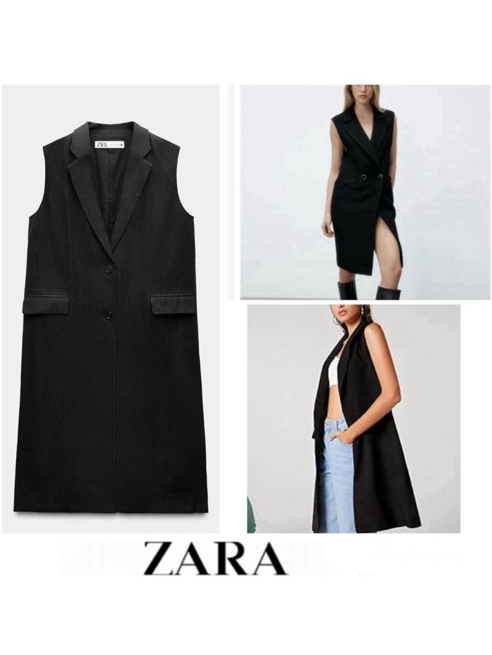 ZARA Black Long Tailored Side Pockets Buttoned Sleeveless Dress Vest Sz S NEW